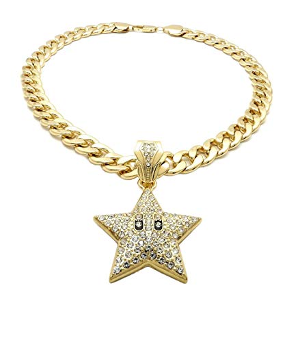 BLINGFACTORY Hip HOP ICED Mario Star Pendant & 11mm 18" Cuban Chain Necklace