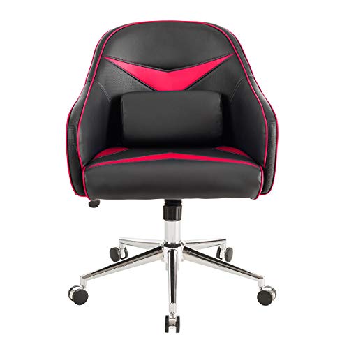 Giantex Mid-Back Armchair, Adjustable Height PU Leather Gaming Chair w/Massage Lumbar Pillow, Rolling Swivel Desk Chairs for Office Home Game Room (Red & Black)