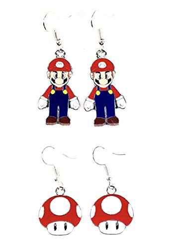 2 Pairs Super Mario Bros inspired Red Mushroom & Mario Character Hook Earrings