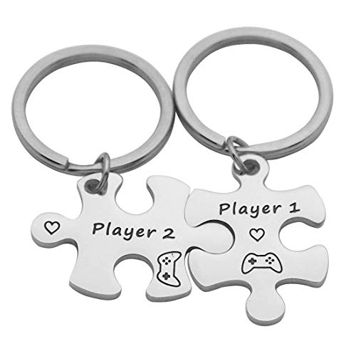 Eilygen Stainless Steel Gamer Couple Gift Player 1 Player 2 puzzle Keychain Set