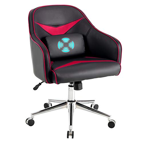 Giantex Mid-Back Armchair, Adjustable Height PU Leather Gaming Chair w/Massage Lumbar Pillow, Rolling Swivel Desk Chairs for Office Home Game Room (Red & Black)