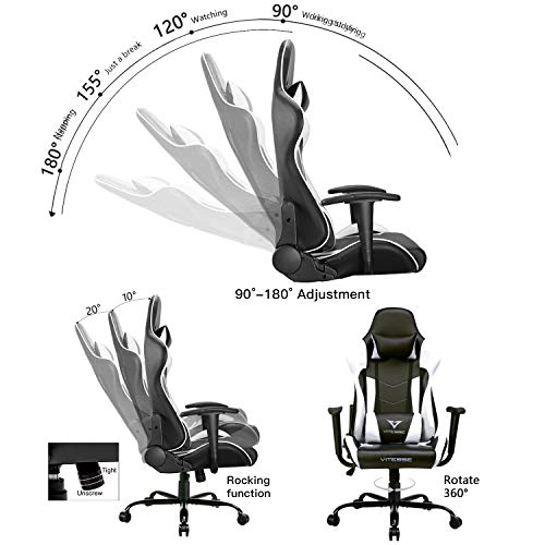 VIT Gaming Chair Racing Style High-Back PC Chair Ergonomic Office Desk Chair Swivel E-Sports Leather Computer Chair with Lumbar Support and Headrest (White)