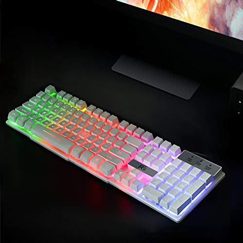 Rii RK100+ White Gaming Keyboard,USB Wired Multiple Colors Rainbow LED Backlit