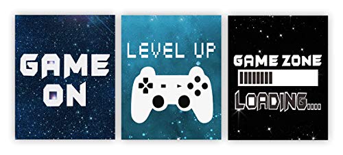 Video Game Themed Art Game Posters Gaming Wall Art Set of 3 Blue Gray Nursery
