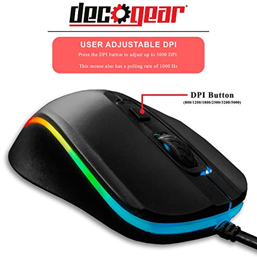 Deco Gear Wired Gaming Mouse | 800-5000 Adjustable DPI | 6 Buttons