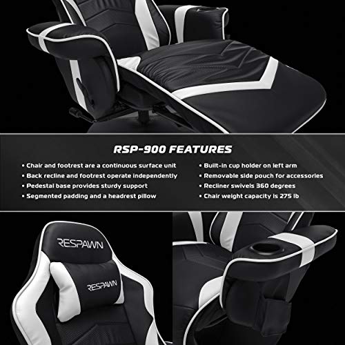 RESPAWN-900 Racing Style Gaming Recliner, Reclining Gaming Chair, in White