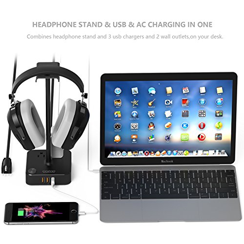 COZOO Desktop Gaming Headset Holder Hanger with 3 USB Charger and 2 Outlets