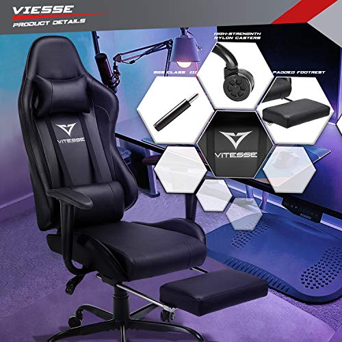 Vitesse Gaming Chair Office Computer Desk Chair with Footrest and Headrest Racing Game Ergonomic Design High-Back E-Sports Chair PU Leather Swivel Chair  (Classic Balck)