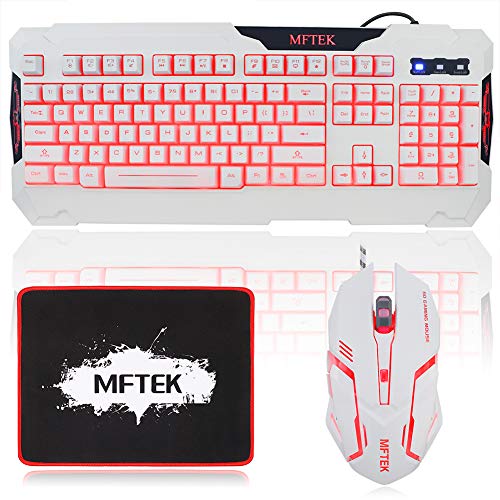 MFTEK White Gaming Keyboard and Mouse Combo, USB Wired 104 Keys Keyboard