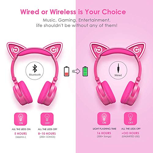 Red MindKoo Wireless Cat Ear Headphones with LED Light