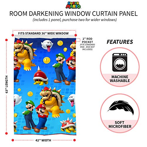 Franco Kids Room Darkening Window Curtain Panel, 42" x 63", Super Mario