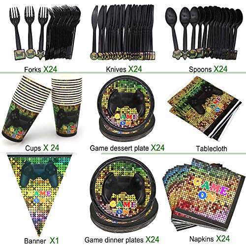 Video Game Party Supplies, Angela&Alex 169 Pcs 24 Guests Christmas Party Gaming of Themed Party Birthday Round Plates Cups Napkins Dessert Plate Forks Knives On Supplies Decor（Random free tablecloth)