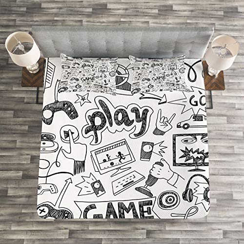 Ambesonne Video Games Bedspread, Monochrome Sketch Style Gaming Design