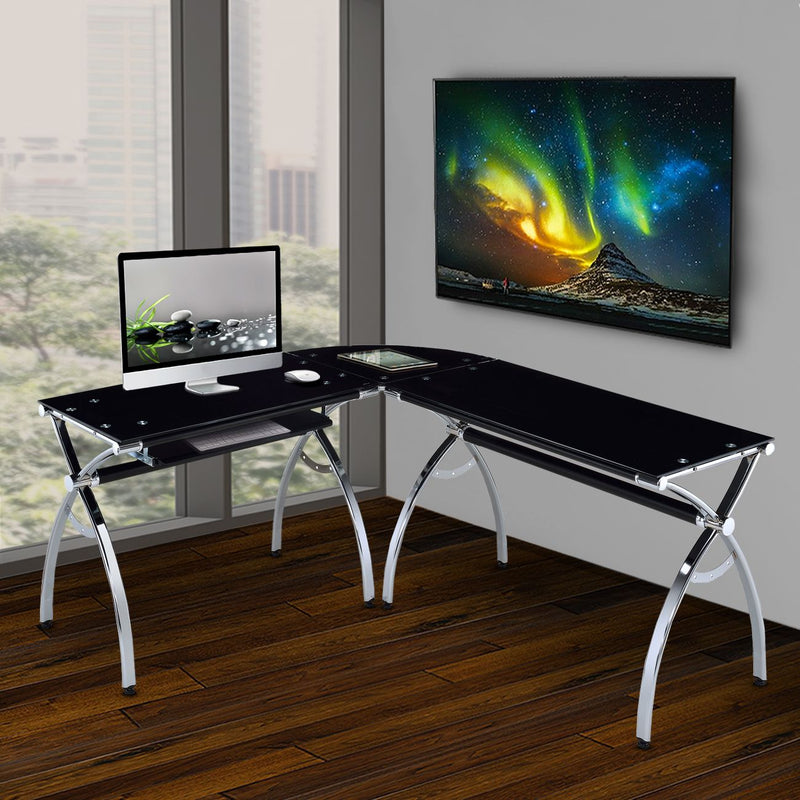 L-Shaped Black Colored Glass Top Corner Desk with Keyboard Tray at Gaming Girlfriends