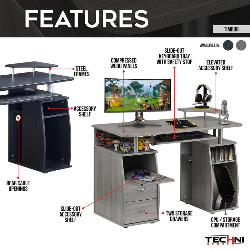 Techni Sport Black Gaming Desk with Storage Drawers - Timbur at Gaming Girlfriends