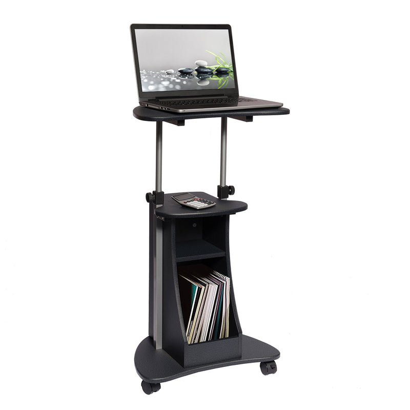 Sit to Stand Graphite Rolling Adjustable Height Laptop Cart with Storage at Gaming Girlfriends