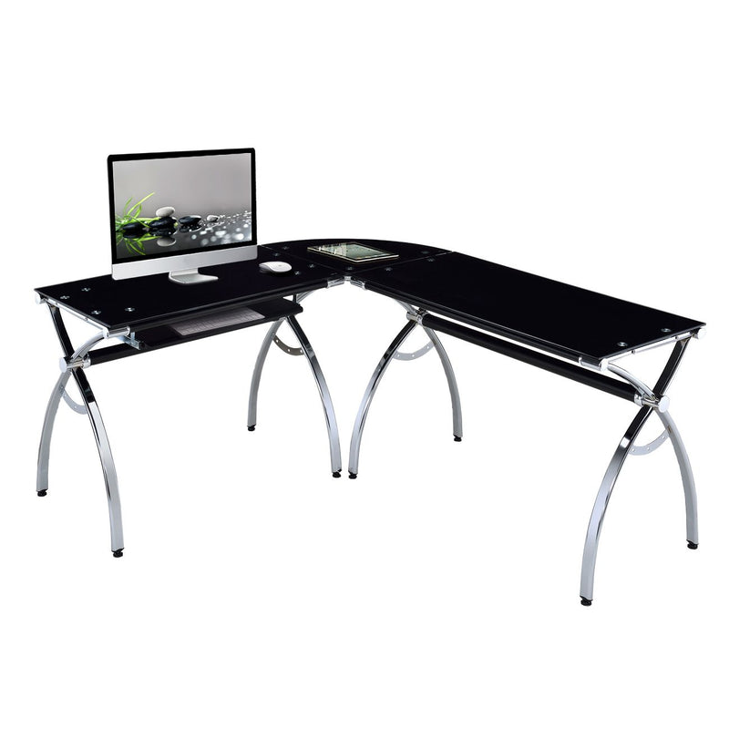 L-Shaped Black Colored Glass Top Corner Desk with Keyboard Tray at Gaming Girlfriends