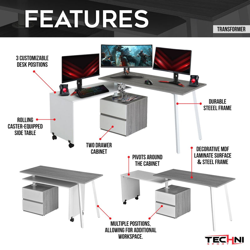 Techni Sport Ergonomic Multi-Monitor Gaming Desk - Transformer at Gaming Girlfriends